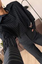 Vatkalı Çizgili Pantolon Takım Lacivert - Görsel 3