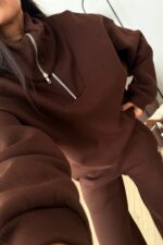 Fermuarlı Dik Yaka Eşofman Takım Kahverengi - Görsel 2