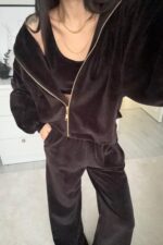 Kadife Hırka Crop pantolon Takım Acı Kahve - Görsel 4