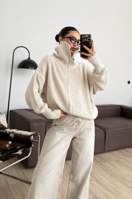 Fermuarlı Dik Yaka Örgü Hırka Bej