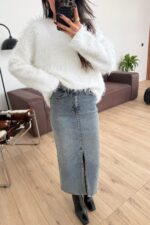 Önü Yırtmaçlı Eskitmeli Kot Etek - Görsel 2