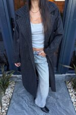 Çizgili Uzun Kaşe Kaban Siyah - Görsel 3