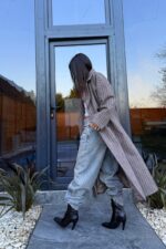 Çizgili Uzun Kaşe Kaban Vizon - Görsel 2