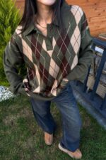 Baklava Desenli Polo Yaka Kazak Haki Kahve - Görsel 4