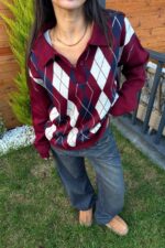 Baklava Desenli Polo Yaka Kazak Bordo Lacivert - Görsel 3