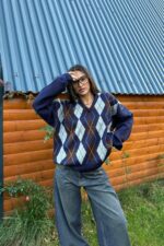 Baklava Desenli Polo Yaka Kazak Lacivert Kahve