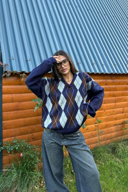 Baklava Desenli Polo Yaka Kazak Lacivert Kahve