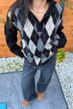 Baklava Desenli Polo Yaka Kazak Siyah Gri - Görsel 2