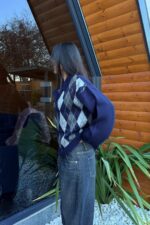 Baklava Desenli Polo Yaka Kazak Lacivert Gri - Görsel 2