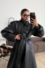 Kuşaklı Deri Trenç Siyah - Görsel 2