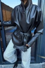 Beli Kemerli Yumuşak Deri Ceket Siyah - Görsel 3