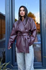 Beli Kemerli Yumuşak Deri Ceket Mürdüm - Görsel 2