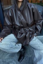 Beli Kemerli Yumuşak Deri Ceket Acı Kahve - Görsel 4