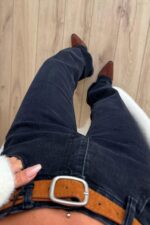 Süet Kemerli İspanyol Paça Siyah Jean - Görsel 2