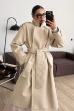 Kuşaklı Deri Trenç Bej - Görsel 2