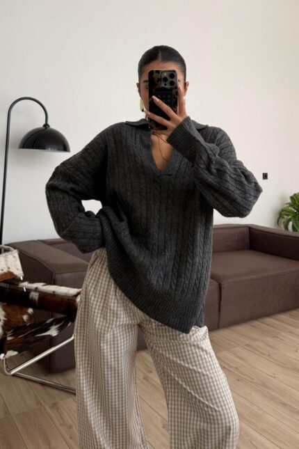 V Yaka Zincir Örgülü Triko Kazak Antrasit