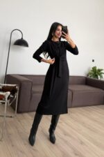 Belden Bağlamalı Önü Dikişli Uzun Elbise Siyah