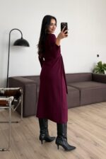 Belden Bağlamalı Önü Dikişli Uzun Elbise Bordo - Görsel 3