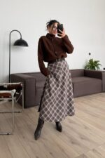 Fire Ekose Desenli Etek Kahverengi