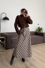 Fire Ekose Desenli Etek Siyah Kahve