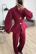 Balon Kollu Gold Düğmeli Blazer Takım 
Bordo - Görsel 2