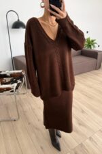 V Yaka Saç Örgülü Triko Etek Takım Kahverengi - Görsel 2