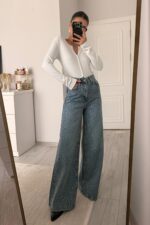 Elmas Taşlı Wide Leg Orta Mavi Jean