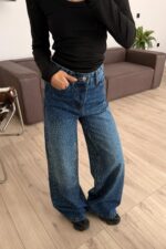 Yoğun Taşlı Wide Leg Dark Jean - Görsel 2