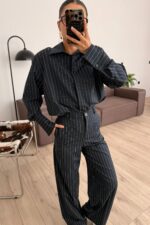 Vatkalı Çizgili Pantolon Takım Lacivert - Görsel 2