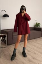Yandan Yırtmaçlı Oversize Blazer Ceket Bordo