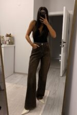 Işıltılı Wide Leg Kahve Eskitme Jean