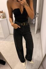 Işıltılı Wide Leg Siyah Eskitme Jean - Görsel 2