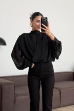 Beli Lastikli Tasarım Bluz Siyah