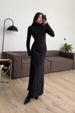 Balıkçı Yaka Vücudu Saran Elbise Siyah