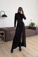 Vatkalı Drapeli Uzun Elbise Siyah