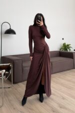 Vatkalı Drapeli Uzun Elbise Kahverengi