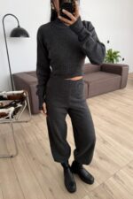 Balıkçı Yaka Triko Crop Takım Antrasit - Görsel 2