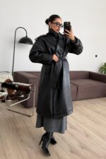 Kuşaklı Deri Trenç Siyah