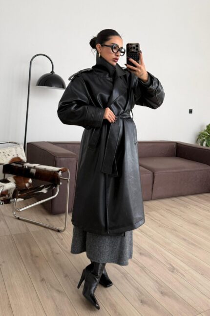 Kuşaklı Deri Trenç Siyah