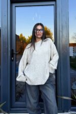 Dokulu Bisiklet Yaka Kazak Bej