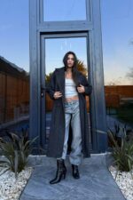 Çizgili Uzun Kaşe Kaban Siyah