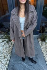 Çizgili Uzun Kaşe Kaban Vizon - Görsel 3