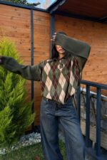 Baklava Desenli Polo Yaka Kazak Haki Kahve - Görsel 3