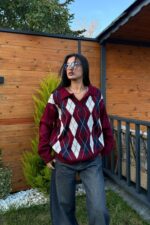 Baklava Desenli Polo Yaka Kazak Bordo Lacivert - Görsel 2