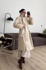 Kuşaklı Deri Trenç Bej