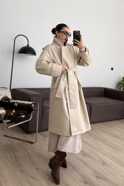 Kuşaklı Deri Trenç Bej