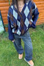 Baklava Desenli Polo Yaka Kazak Lacivert Kahve - Görsel 2