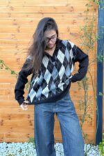 Baklava Desenli Polo Yaka Kazak Siyah Gri