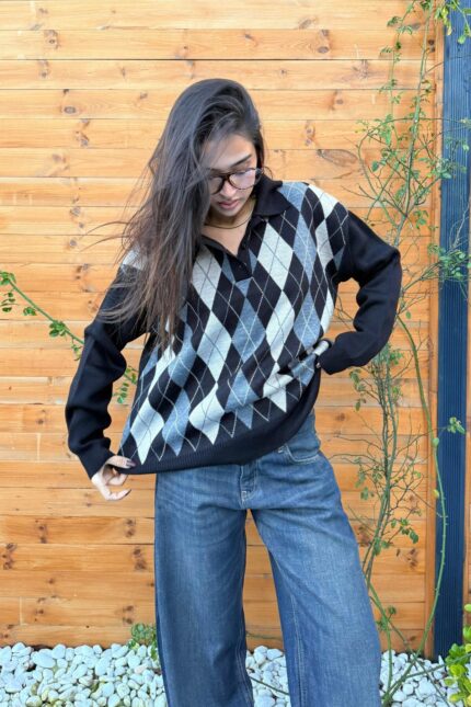 Baklava Desenli Polo Yaka Kazak Siyah Gri