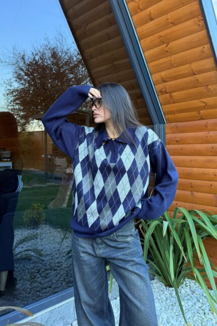 Baklava Desenli Polo Yaka Kazak Lacivert Gri